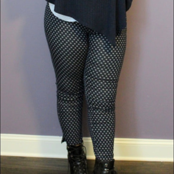 Navy Blue printed skinny stretch slacks. - Picture 3 of 4